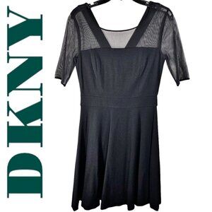 DKNY Black Fit &‎ Flare Short Sleeve V-Back LBD Dress Mesh Detail, Size 6